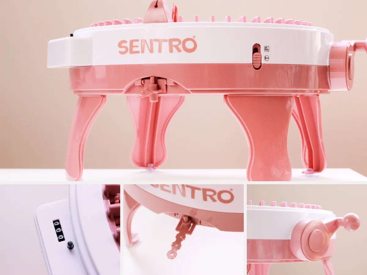 SENTRO 48針手搖編織機,機器細節包含整體外觀、計數器、調節器、搖手柄